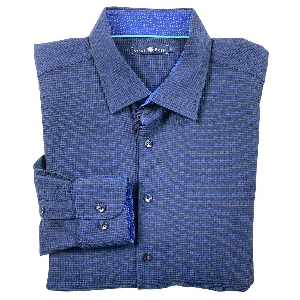 Stone Rose Waffle Knit Button Down Shirt Mens Large Navy‎ Blue
